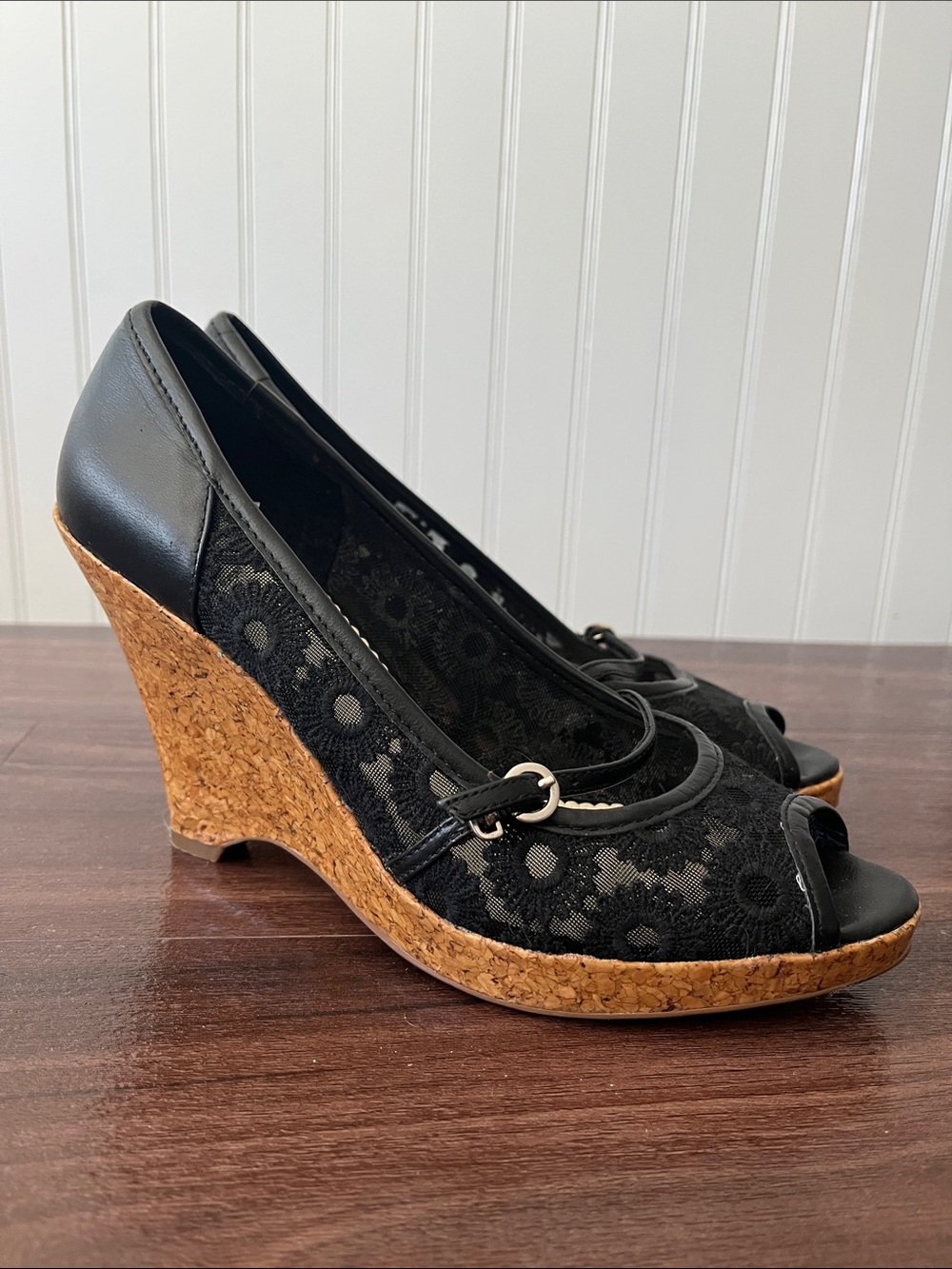 Report Black Lace Peep-Toe Cork Wedges